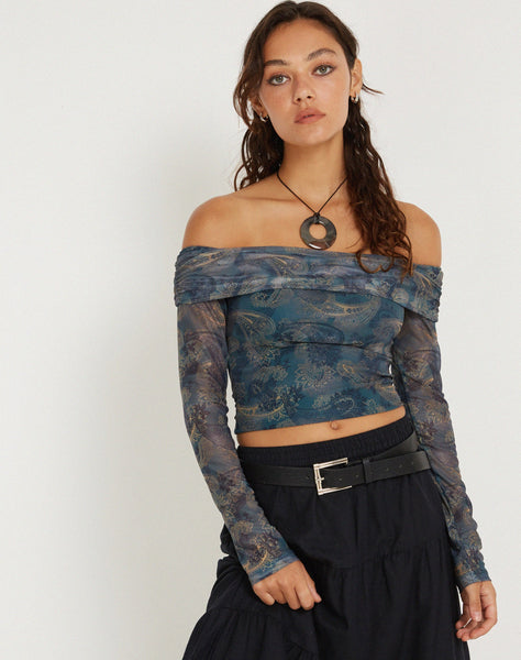 IMAGE OF Nagini Long Sleeve bardot Top in Blue Paisley