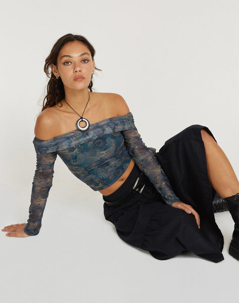 IMAGE OF Nagini Long Sleeve bardot Top in Blue Paisley