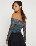 IMAGE OF Nagini Long Sleeve bardot Top in Blue Paisley