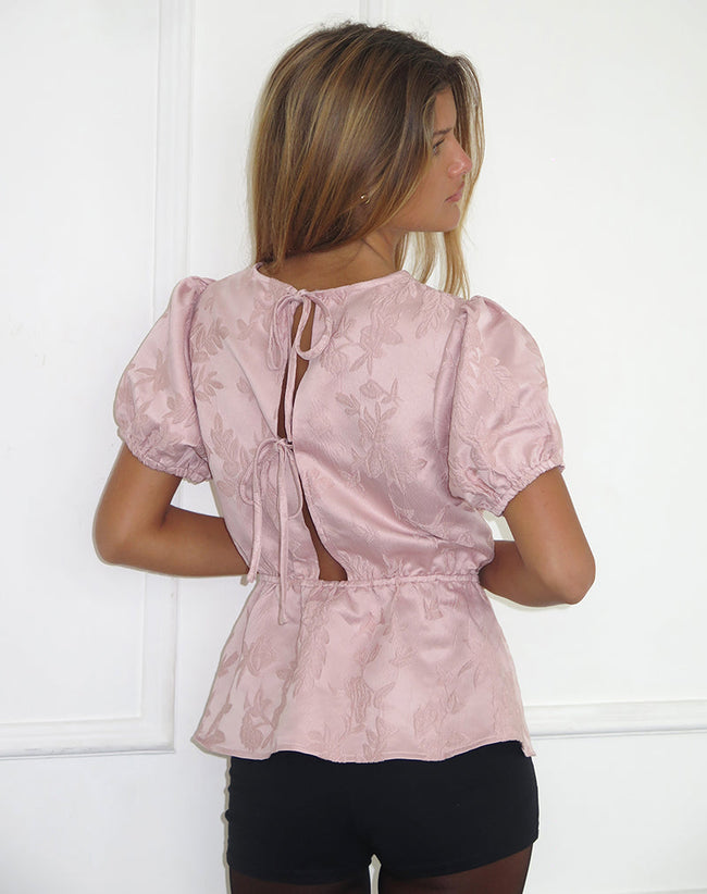 Image of Nambi Short Sleeve Top in Satin Jacquard Baby Pink