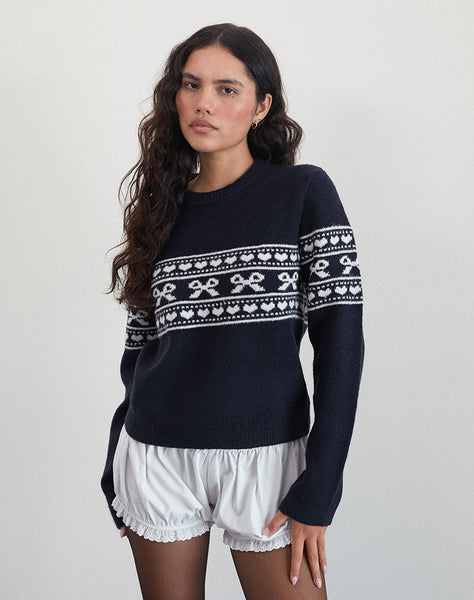 Image of Namirta Knitted Jumper in Peacoat with Fairisle Bow