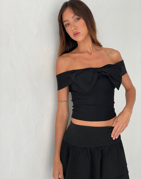 Image of Naras Bow Front Bardot Top in Black Tailoring