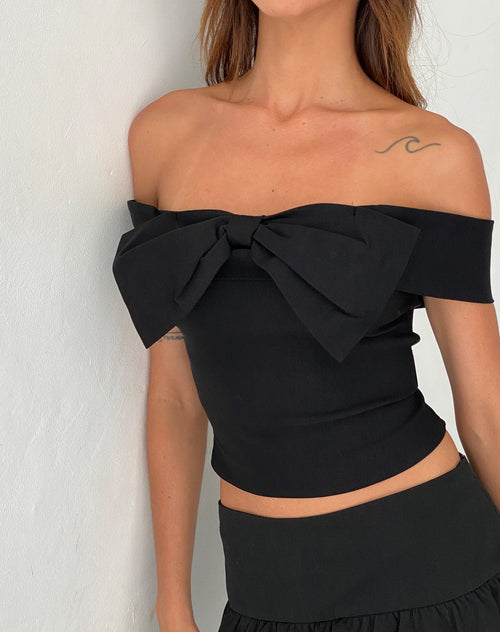 Image of Naras Bow Front Bardot Top in Black Tailoring