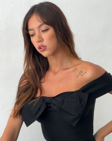 Image of Naras Bow Front Bardot Top in Black Tailoring