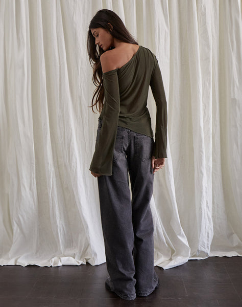 Image of Narcissa Asymmetric Long Sleeve Top in Mesh Dark Olive