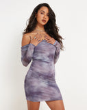 image of Nasami Long Sleeve Mesh Mini Dress in Smokey Gradients Purple