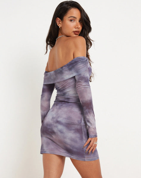 image of Nasami Long Sleeve Mesh Mini Dress in Smokey Gradients Purple