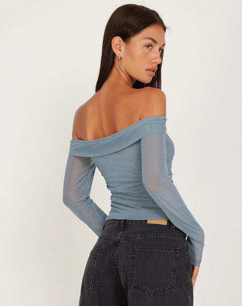 Image of Nauri Mesh Bardot Top in Blue Grey