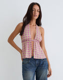 Image of Nayu Halterneck Top in Blurred Check Pink and Green