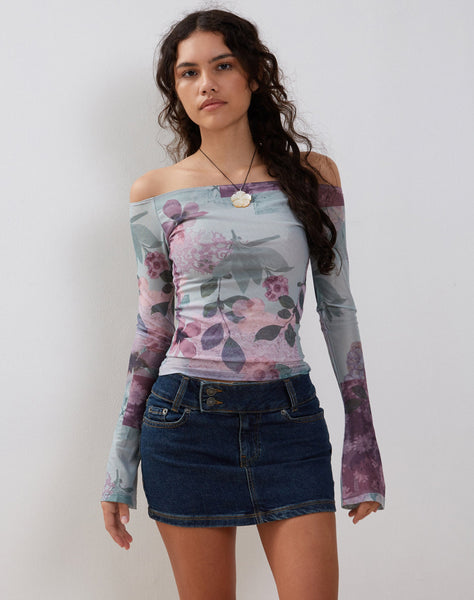 Image of Neira Long Sleeve Mesh Bardot Top in Abstract Scrapbook