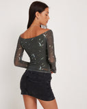 Image of Neira Long Sleeve Mesh Bardot Top in Floral Khaki Silhouette