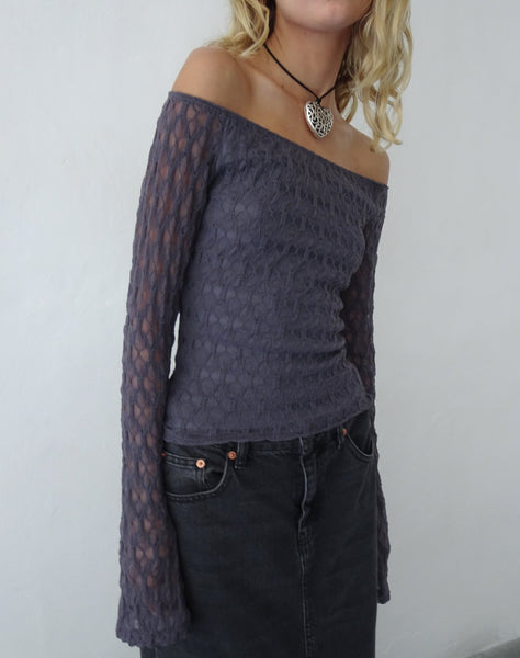 Image of Neira Long Sleeve Bardot Top in Textured Knit Ocean Storm