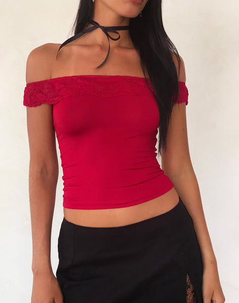 Image of Nesel Bardot Top in Slinky Lace Red