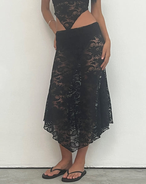 image of Vana Waterfall Hem Lace Midi Skirt in Jet Black