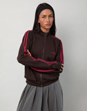 Image of Niskala Jacket in Bitter Chocolate with Adrenaline Red Binding and Embroidery