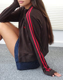 Image of Niskala Jacket in Bitter Chocolate with Adrenaline Red Binding and Embroidery