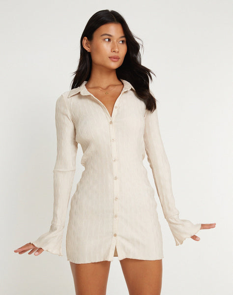 image of Nitara Button Up Mini Dress in Crinkle Beige