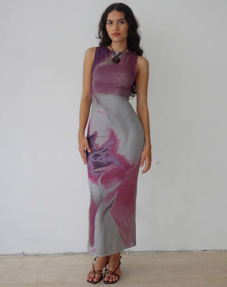 Nehwa Bandeau Mesh Midi Dress in Abstract Scrapbook