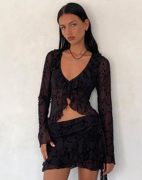 Image of Theri Mini Skirt in Vine Flower Black with Rosette