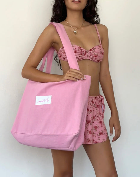 Image of Nola Tote Bag in Flamingo Pink with Motel Love Embroidery