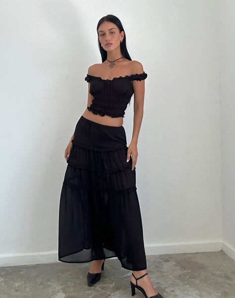 Image of Norah Tiered Maxi Skirt in Black Chiffon