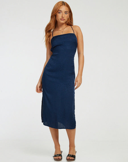 Rabi Halterneck Midi Dress in Mesh Navy