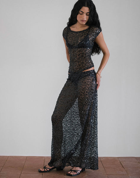 image of Vanessa Maxi Skirt in Sequin Mesh Black