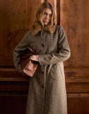 Image of Norciel Longline Coat in Check Brown with Fur Collar