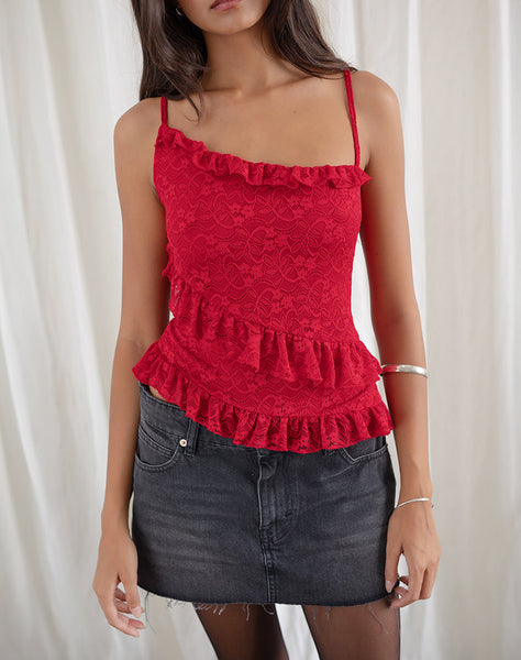 Image of Octavia Asymmetric Cami Top in Lace Red