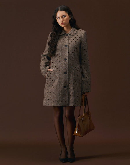Norciel Longline Coat in Check Brown with Fur Collar
