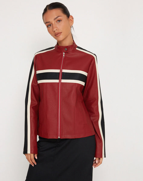 Image of Oliver Zip Up Jacket in PU Red with Ecru Stripe