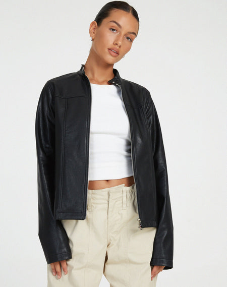 Nila Zip Up Biker Jacket in Black Nylon