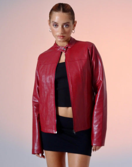 Oliver Zip Up Jacket in PU Red with Ecru Stripe