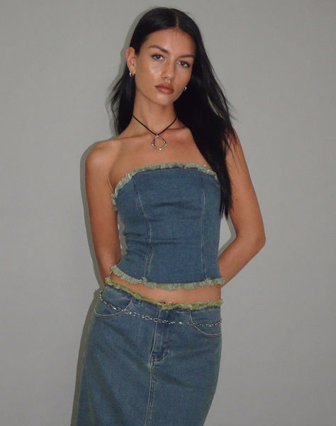 Image of Omas Denim Bandeau Top in Brown Blue Acid Wash