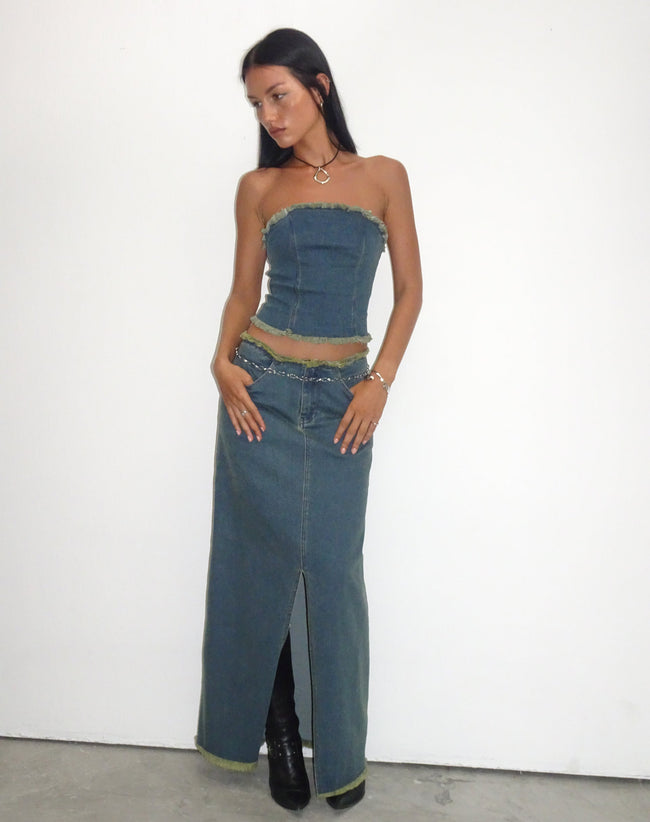 Image of Omas Denim Bandeau Top in Brown Blue Acid Wash