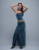 Image of Zaenap Frayed Denim Maxi Skirt in Brown Blue Acid