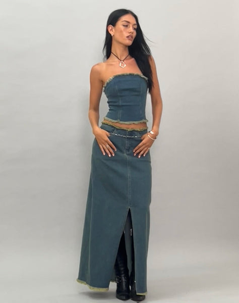 Image of Zaenap Frayed Denim Maxi Skirt in Brown Blue Acid