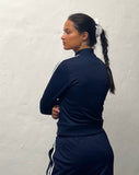 Image of Orion Zip Up Jumper in Navy with White Stripes and M Embroidery