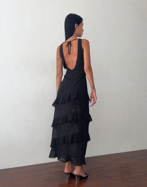 Image of Otna Ruffle Detail Chiffon Maxi Dress in Black