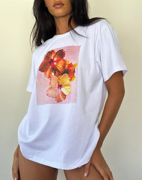 Image of Oversized Basic Tee in White Hibiscus