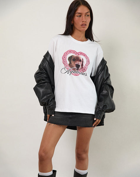 Image of Oversized Basic Tee in White with Aquarius Dog Graphic