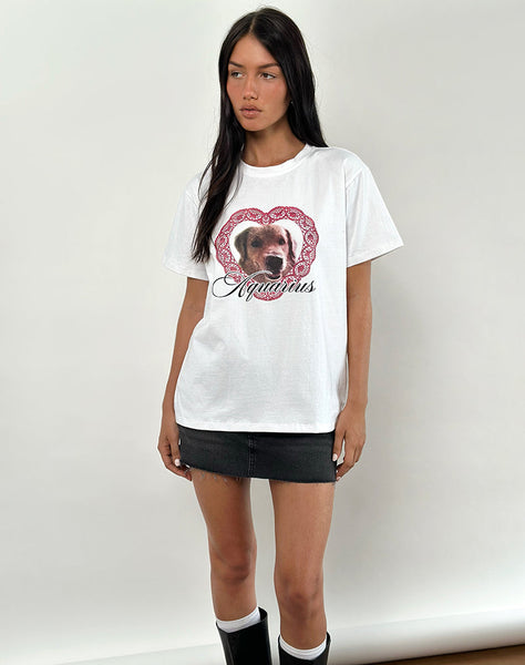 Image of Oversized Basic Tee in White with Aquarius Dog Graphic