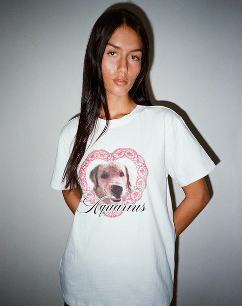 Image of Oversized Basic Tee in White with Aquarius Dog Graphic