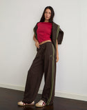 Image of Oze Trackpant in Bitter Chocolate with Green Binding and M Embroidery