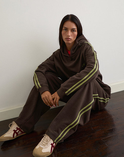 Image of Oze Trackpant in Bitter Chocolate with Green Binding and M Embroidery