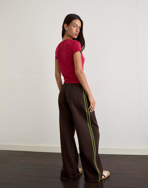Image of Oze Trackpant in Bitter Chocolate with Green Binding and M Embroidery