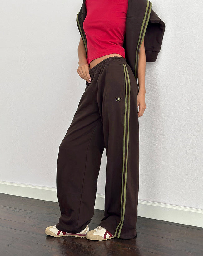 Image of Oze Trackpant in Bitter Chocolate with Green Binding and M Embroidery