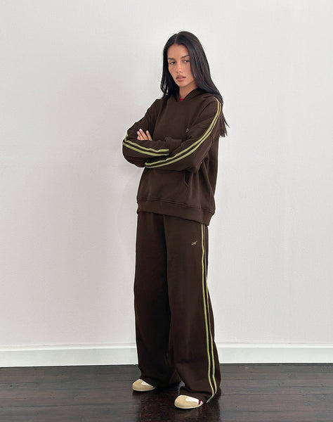 Image of Oze Trackpant in Bitter Chocolate with Green Binding and M Embroidery