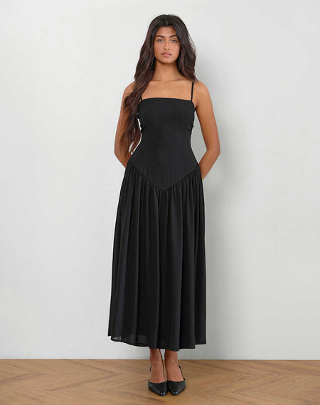 MERRILY SMOCK MIDI DRESS POPLIN BLACK