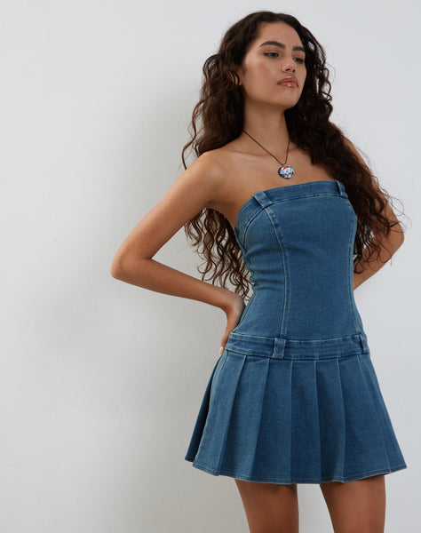 Image of Pajaya Denim Bandeau Mini Dress in Blue Wash